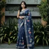 Navy Blue Leaf Motif Linen Saree